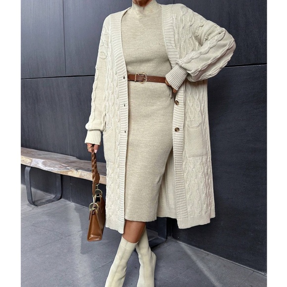 Cozy Beige Chunky Knit Pockets Button Loose Fit Cardigan - Picture 1 of 6